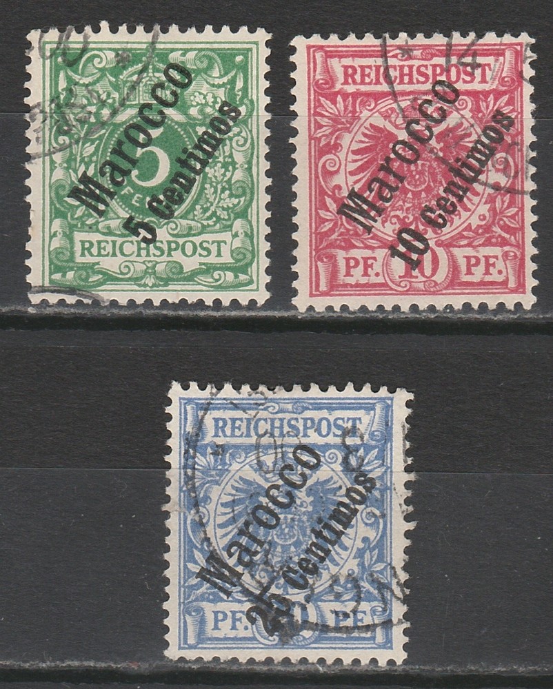 GERMAN MOROCCO 1899 EAGLE OVERPRINT 5PF 10PF AND 20PF USED