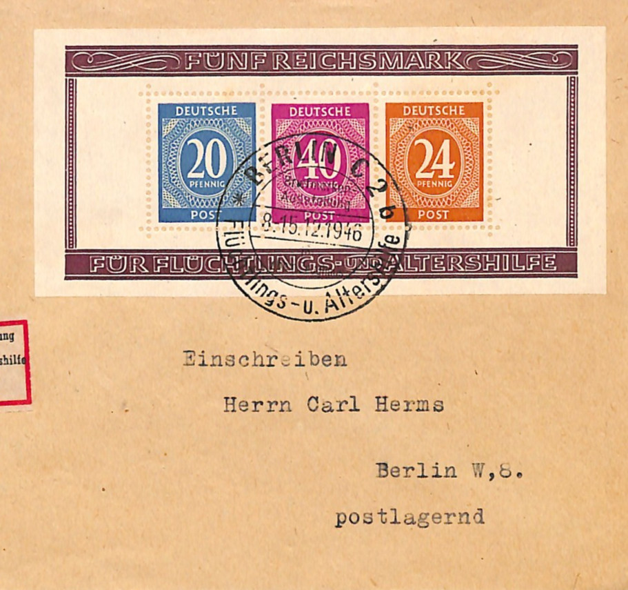 GERMANY Allied Occ *FUNF REICHSMARK* MINI-SHEET Used Cover 1946 Reg Berlin WF375