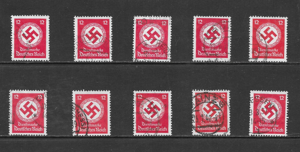 GERMANY SCOTT O86 USED x 10 – 1934 12pf BRT CARMINE OFFICIAL ISSUES