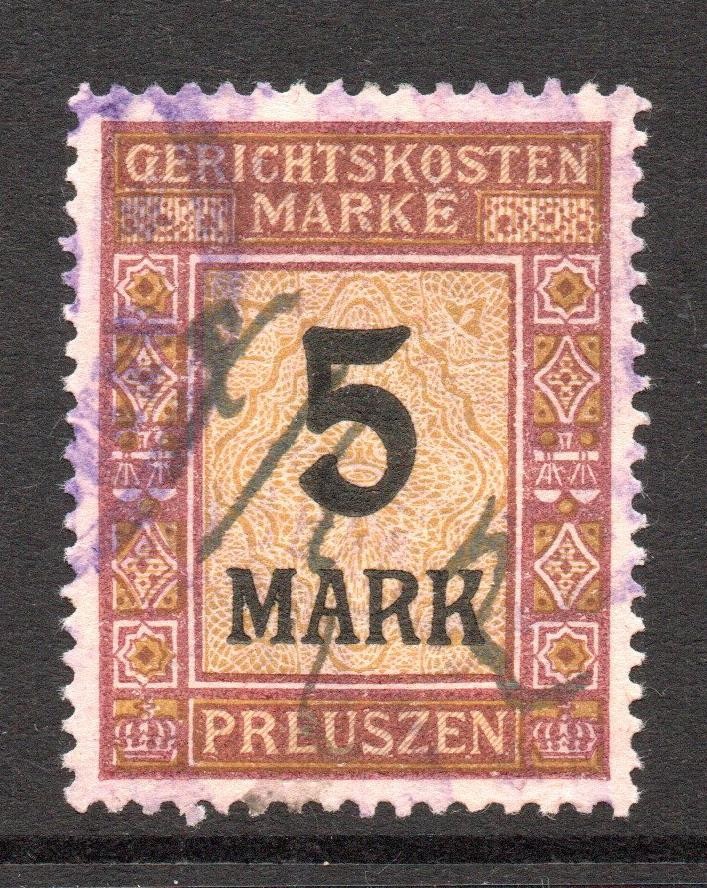 Prussia Circa 1900 5m Court Fee Revenue Used / Wmk Q FOIL – S60852