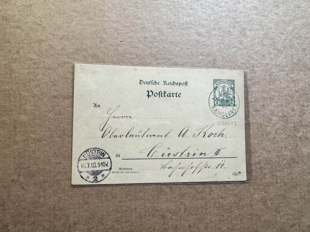German Caroline 1903 Postal Card to Custrin Prussia +5-6-1903 YAP CDS +No Msg