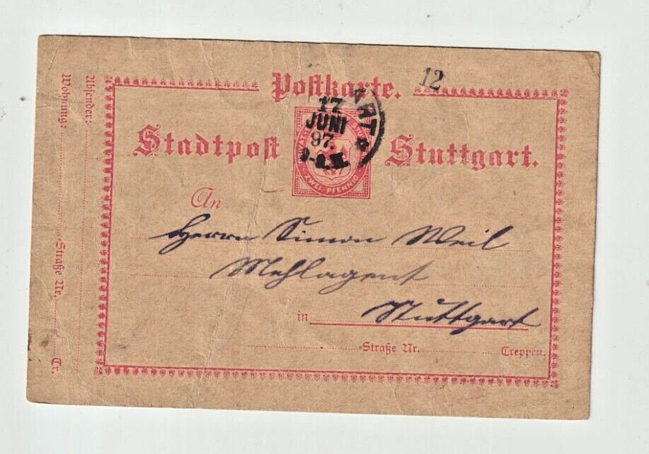 GERMANY, STUTTGART, PRIVATE CITY POST, POSTAL CARD, 1897 2pf. Red, used.