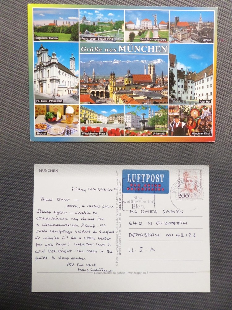 Munchen Germany to Dearborn MI USA Postcard 1997 Multiview City
