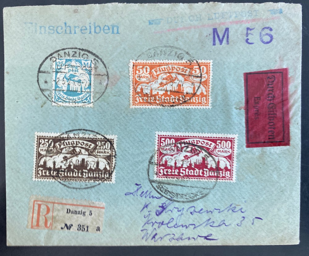 1923 Danzig Early airmail Express Cover To Warsaw Poland Inflation Rate
