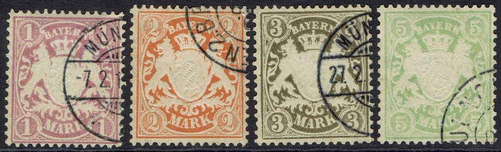 BAVARIA 1901 ARMS EMBOSSED SET 1MK 2MK AND 5MK HORIZONTAL WAVY LINES WMK USED