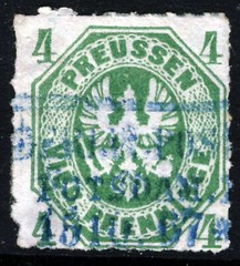 PRUSSIA GERMANY 1861 Embossed Arms 4 Pf. Green ROULETTED SG 26 VFU