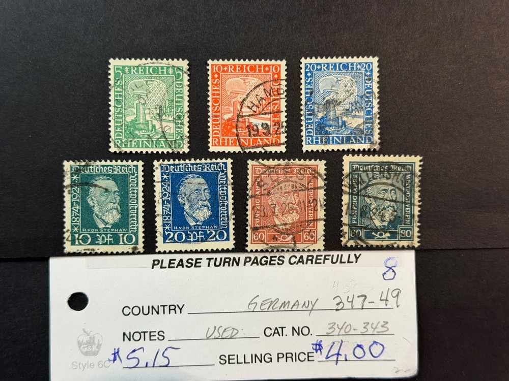 Germany #340 – 343 & 347 – 349 Used * 2024 Scott Catalogue Value $ 5.15