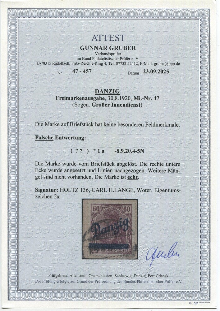 Germany Danzig 1920 60 Pf Used Mi 47 Scarce Read CERTIFICATE 4000.00 EUR