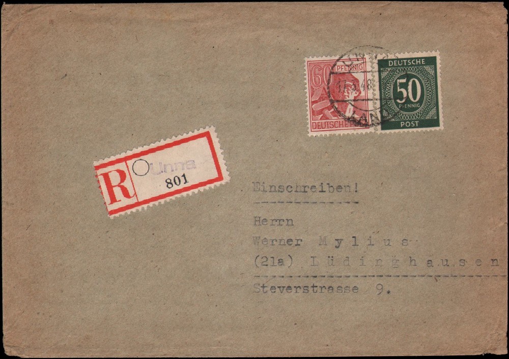 Germany Michel #933, 956 Unna, 1948, registered, labels