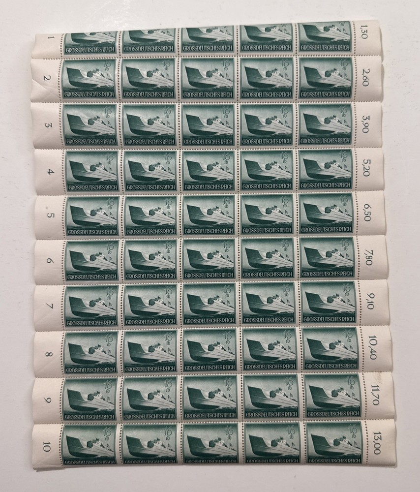 Sheet of 50 German Deutsches Reich Kriegsmarine torpedo boat Postage Stamps