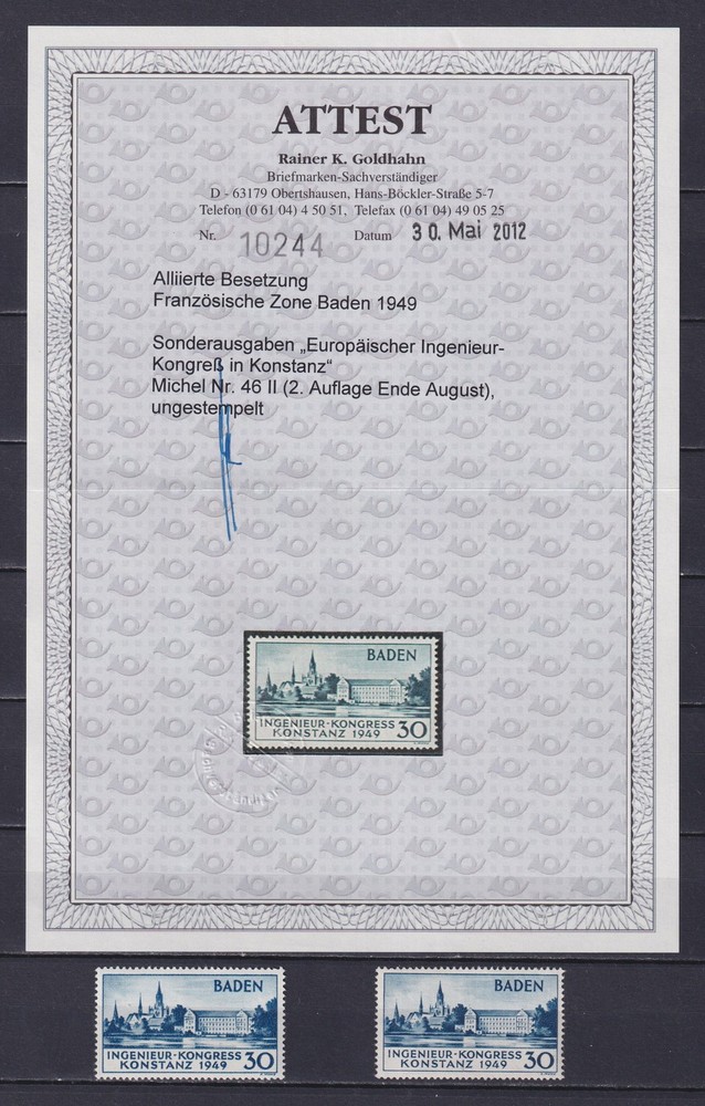 GERMANY 1949, Mi# 46I+46II, CV €676, Baden, Certificate, MNH