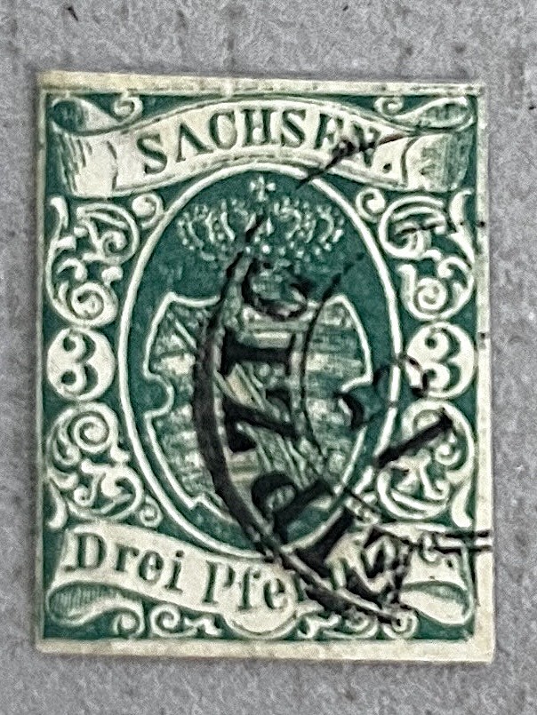 Saxony 2 / 1851 3pf Green Coat of Arms Stamp / Used