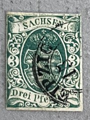 Saxony 2 / 1851 3pf Green Coat of Arms Stamp / Used