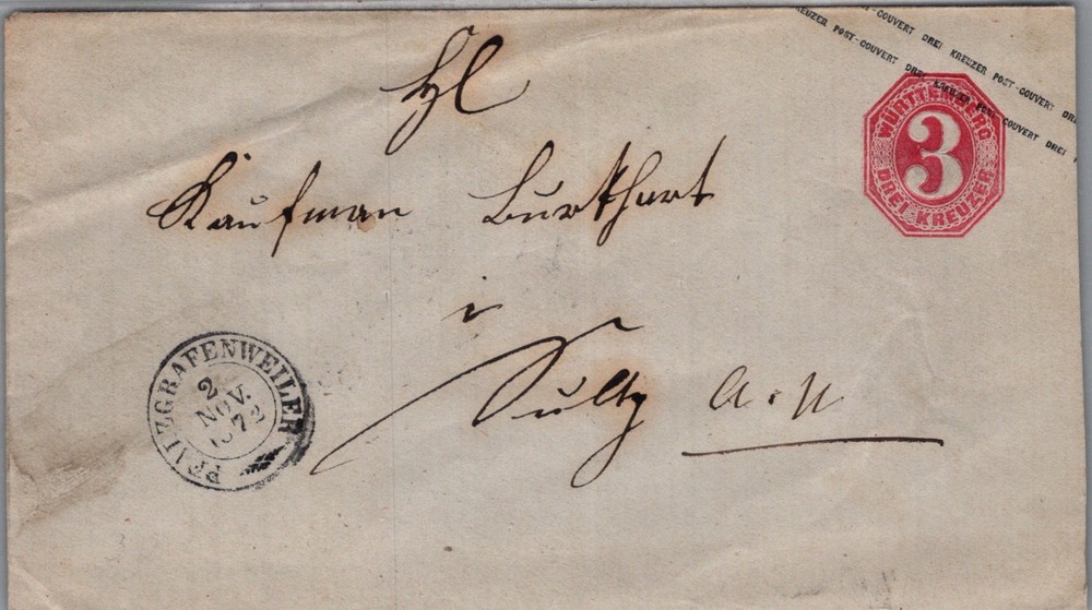 GERMANY 1872 WURTTEMBERG POSTAL HISTORY STATIONERY COVER ADDR & POSTMARK