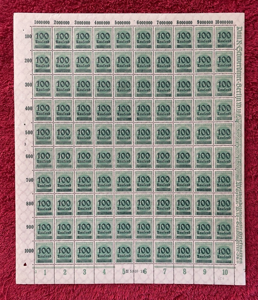 Germany #254, 100,000marks over 400mk Hyperinflation Mint sheet/100 (R12-107/1)