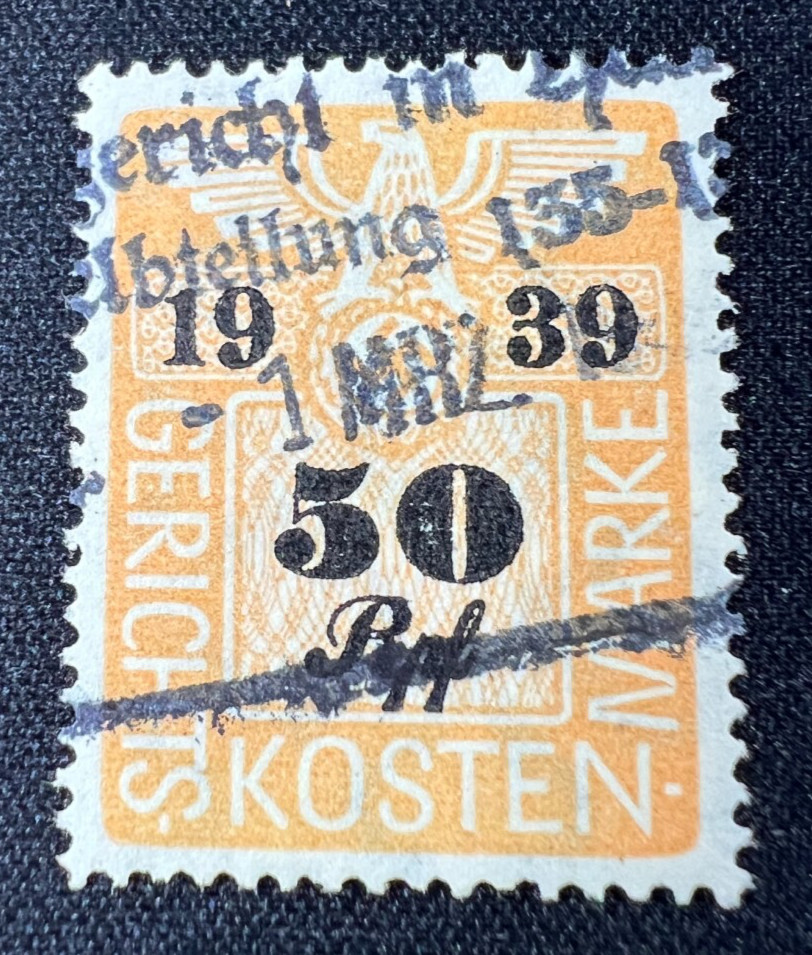 1939 German Court Fee Stamp 50 Rpf GERICHTS KOSTEN MARKE Orange Overprint Cancel