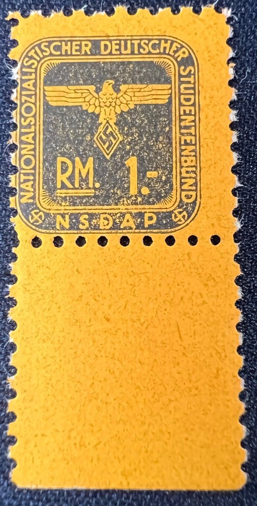 1940s German NS Student League Stamp RM 1 YELLOW DUES LABEL NSDAP Eagle Unused