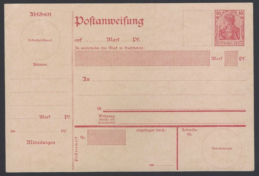 Germany 1904-05 10pf red/rose Postal order unused. Michel A28