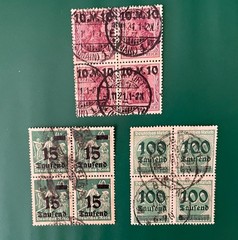 3 Overprinted Blocks Of 4 From Germany From 1920s: 136, 241, 284