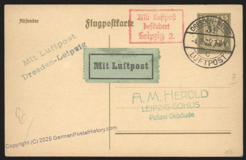Germany 1925 Dresden Neust Leipzig Weimar Luftpost Early Airmail Cover 105744