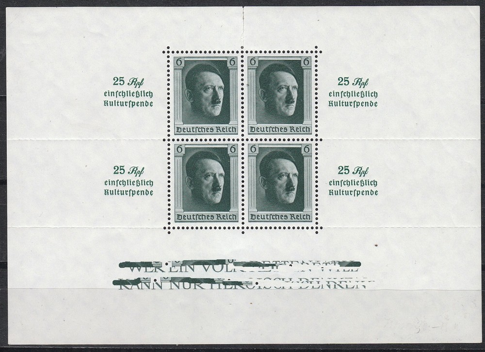 Stamp Germany Mi 648 Sheet Sc B104 1937 WWII 3rd Reich Era Hitler MNG