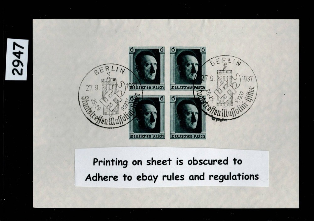 Stamp sheet IMPERF B103 1937 Adolf’s Birthday Berlin Germany cancel #2947