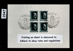Stamp sheet IMPERF B103 1937 Adolf’s Birthday Berlin Germany cancel #2947
