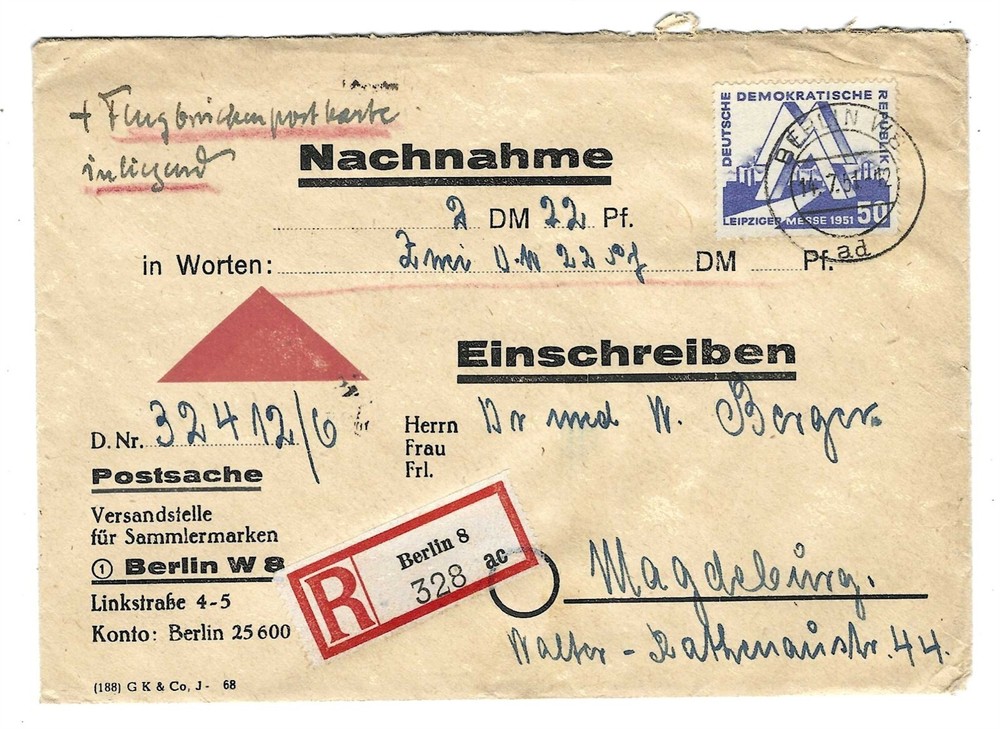 East Germany DDR 1951 Registered Cover, Nice Franking