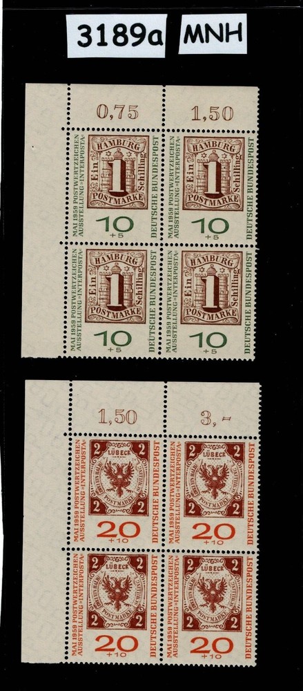 MNH stamp block B366-367 Bundespost 1959 Hamburg & Lubeck Germany #3189a