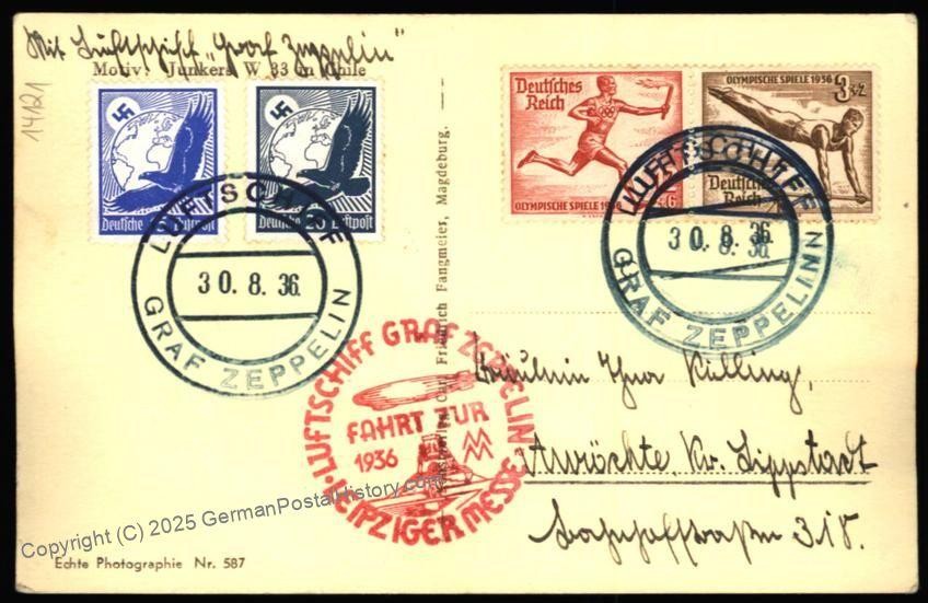 Germany 1936 Graf Zeppelin Bordpost Leipzig Messe Junkers Float Plane RPP 105365