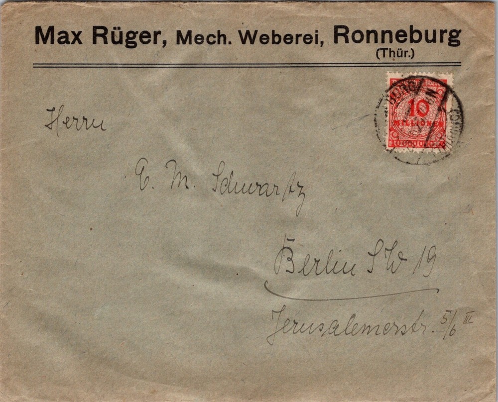 GERMANY 1923 POSTAL INFLATION COVER CANC RONNEBURG ADDR BERLIN