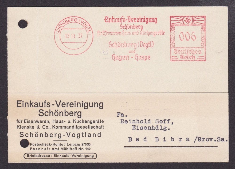 GERMANY 1937, Postcard (invoice) from Schönberg to Bad-Bibra with meter mark
