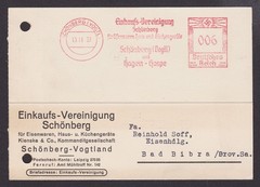 GERMANY 1937, Postcard (invoice) from Schönberg to Bad-Bibra with meter mark