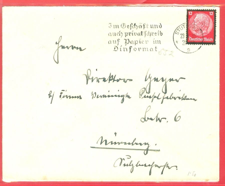 Germany Hindenburg 12pf Mourning stamp used on STUTGART Slogan cancel cover 1935