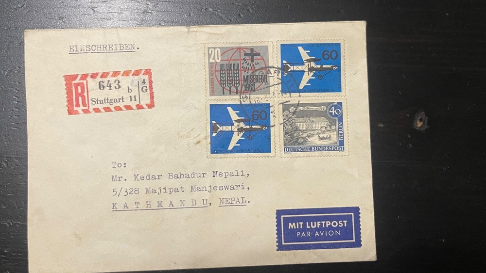 1962 Germany Registered Airmail Cover to Nepal w/ Misereor Charity & Zeppelin St