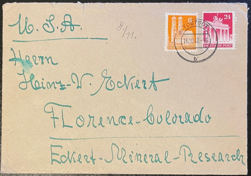 1948 Germany #638,#647 on cover, Tostedt to US; buildings topical *d