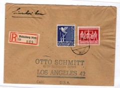 GERMANY PEACE DOVE 5M REGISTERED COVER WEINSBERG JUNE 1948 TO USA