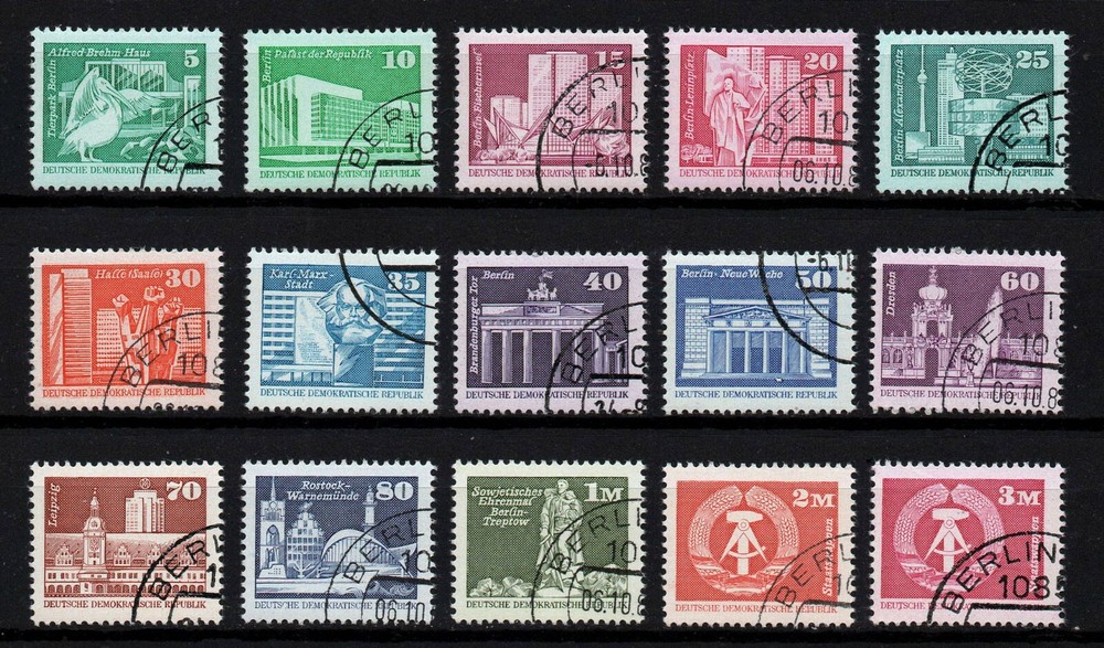 DDR (GERMANY), SCOTT # 1430-1443A, COMPLETE USED SET OF 15 BUILDINGS & MONUMENTS