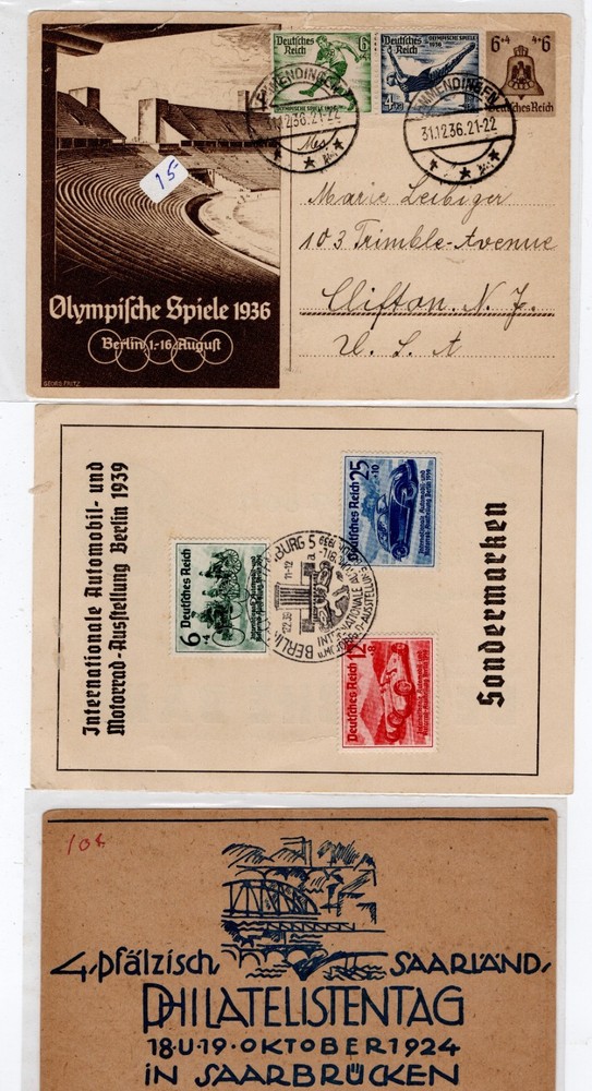 5 Germany 1924-1939 Philatelic Postcard lot 1936 Olympics Berlin Auto Show 5pc