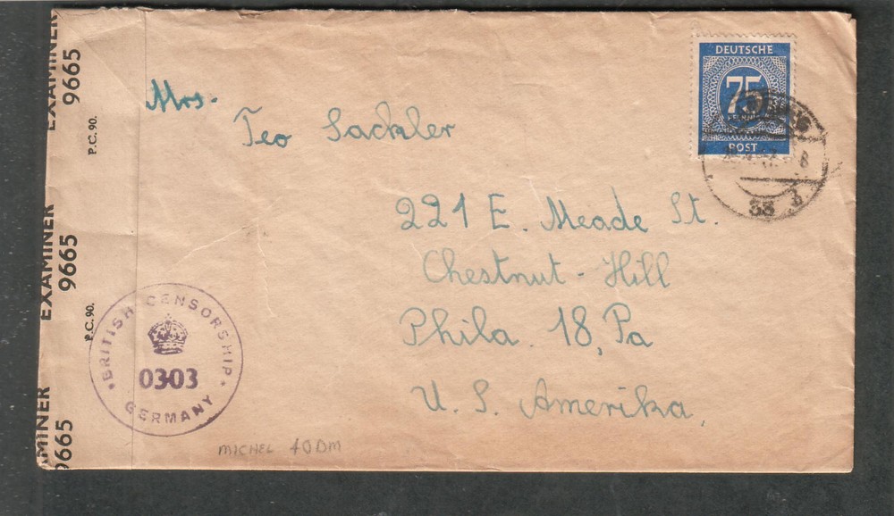 Germany 1947 post WWII PC90 crown censor cover Hamburg 33 to Philadelphia PA