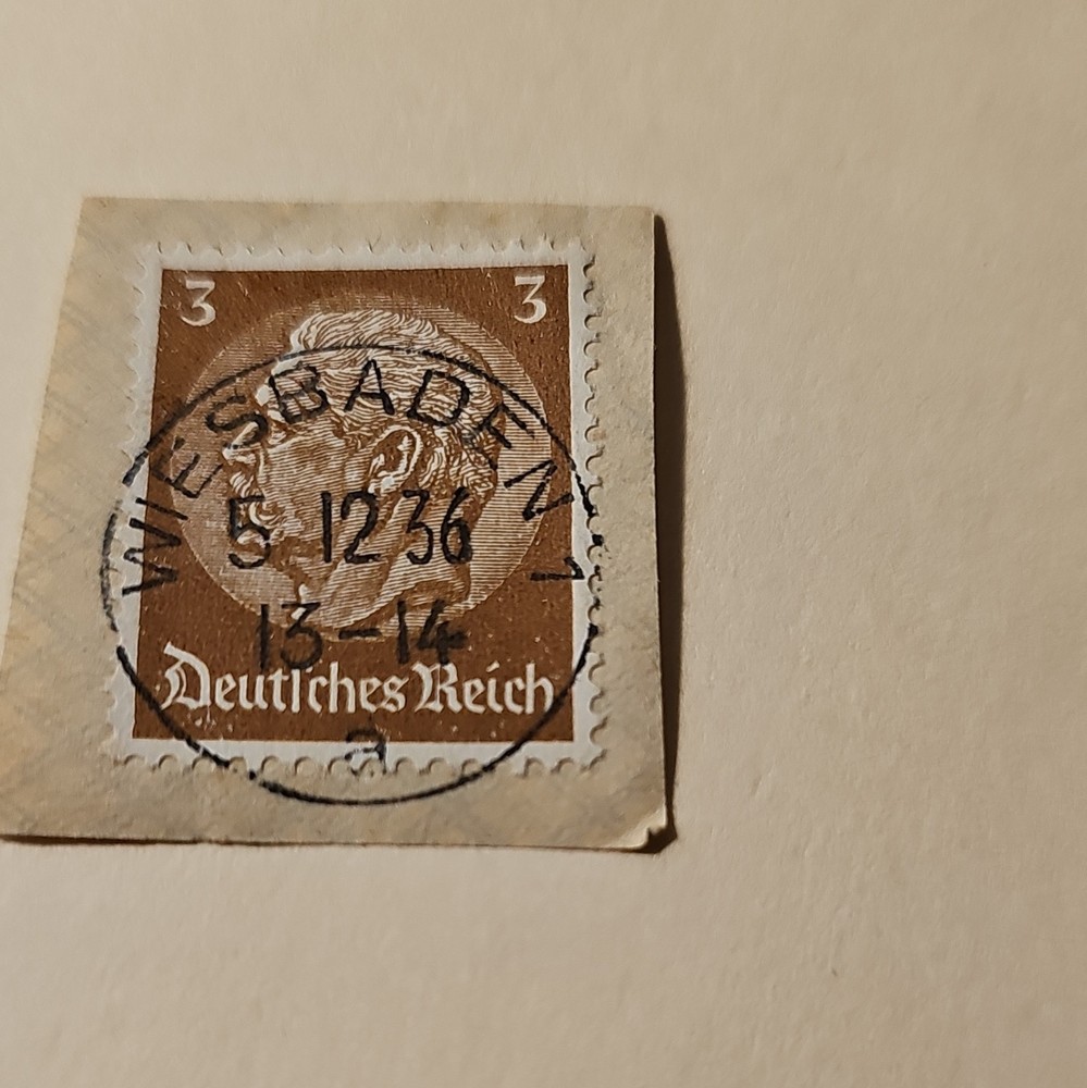 Used Deutsches Reich Germany 3 Brown National Emblems Postage Stamp on Piece