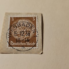 Used Deutsches Reich Germany 3 Brown National Emblems Postage Stamp on Piece