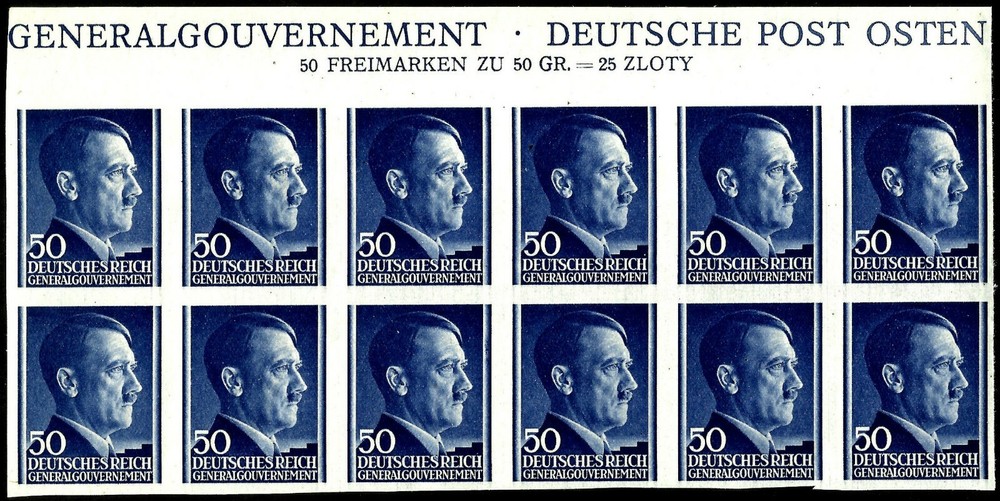 III REICH, GENERALGOUVERNEMENT, ADOLF HITLER, 50 GR., UNPERF., BLOC OF 12, MNH