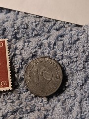 1943 German 10 Pfenning ~ km#101 , WW2 Germany ~ + 60pf. Stamp