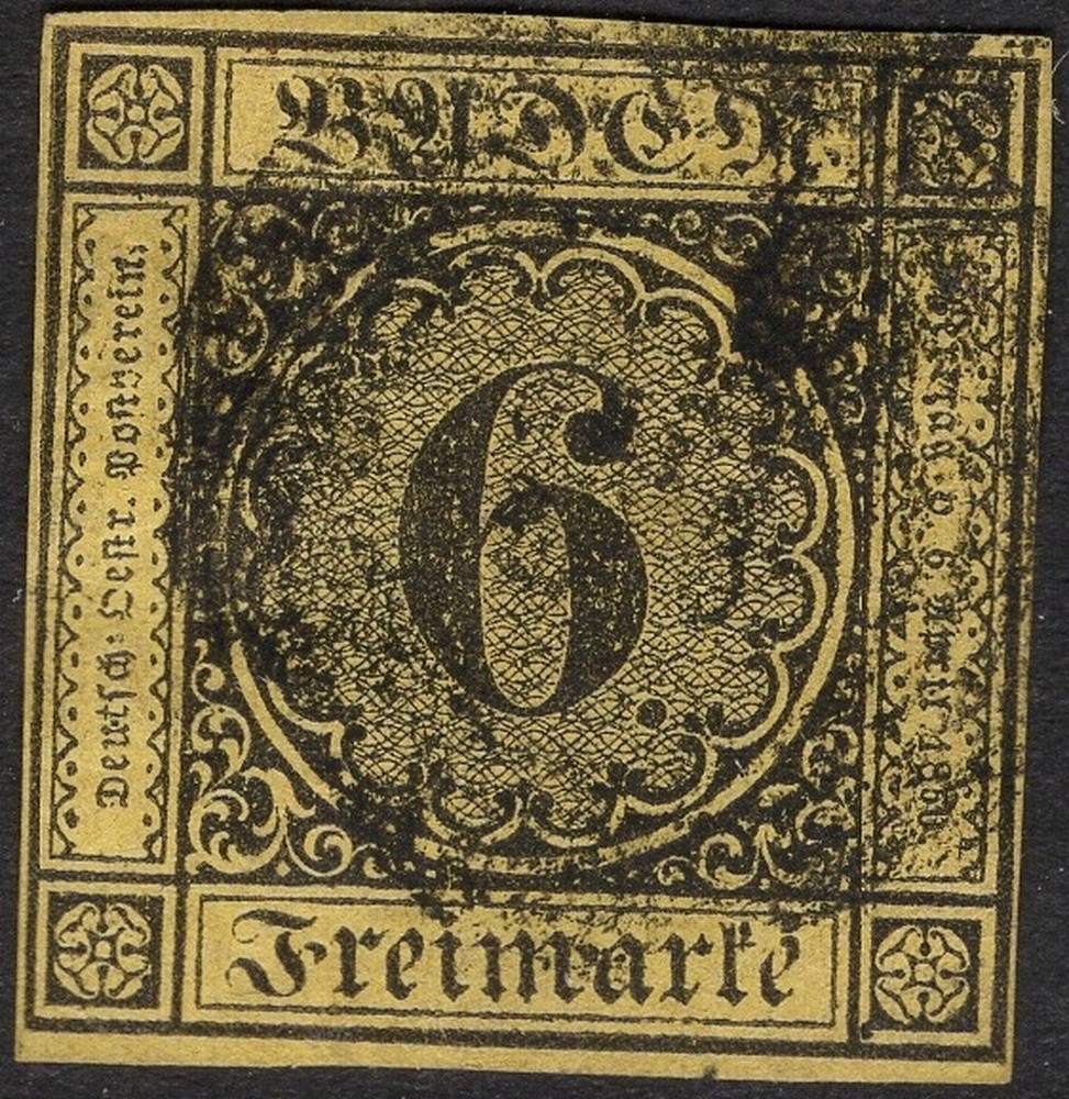 BADEN 1853 SC. #9 6KR BLACK ON YELLOW NUMERAL USED CAT $27.50