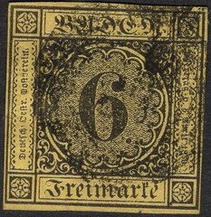 BADEN 1853 SC. #9 6KR BLACK ON YELLOW NUMERAL USED CAT $27.50