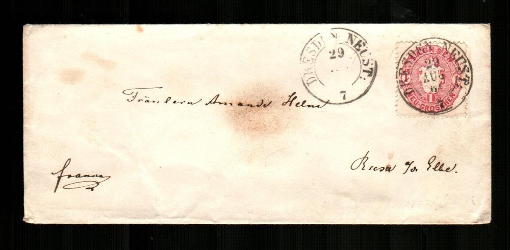 GERMANY – SAXONY Scott’s 17 ( 1863 ) 1ng Embossed Arms F/VF Used on Cover