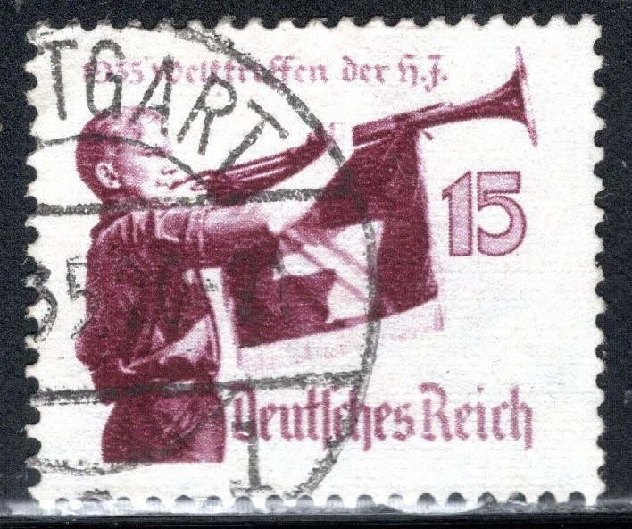 Germany Stamp Scott #464, 15pf, Bugler of Hitler Youth Movement, Used SCV$3.00