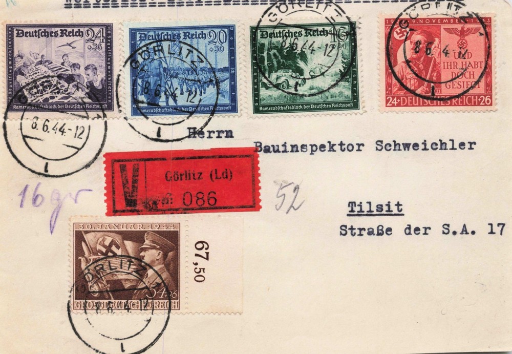 1944 Görlitz to Tilsit Late-War Wertbrief Front Insured V Label East Prussia