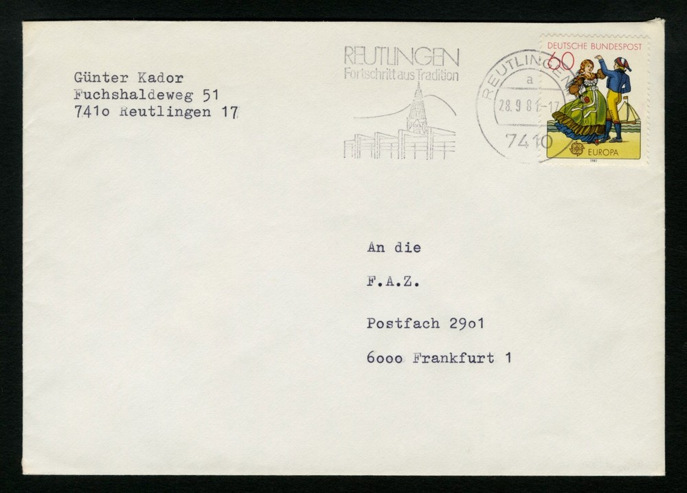 Germany Postal History Cover sc 1350 SG 1961 Reutlingen Slogan Cancel